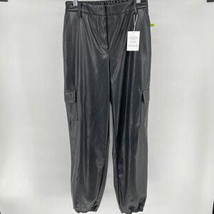 Bar III Faux Leather‎ Jogger Pants  Black Size Small Elastic Cuff Zip Front NWOT